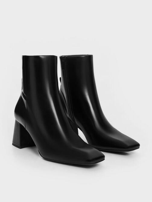 Curved Block Heel Ankle Boots, Black, hi-res