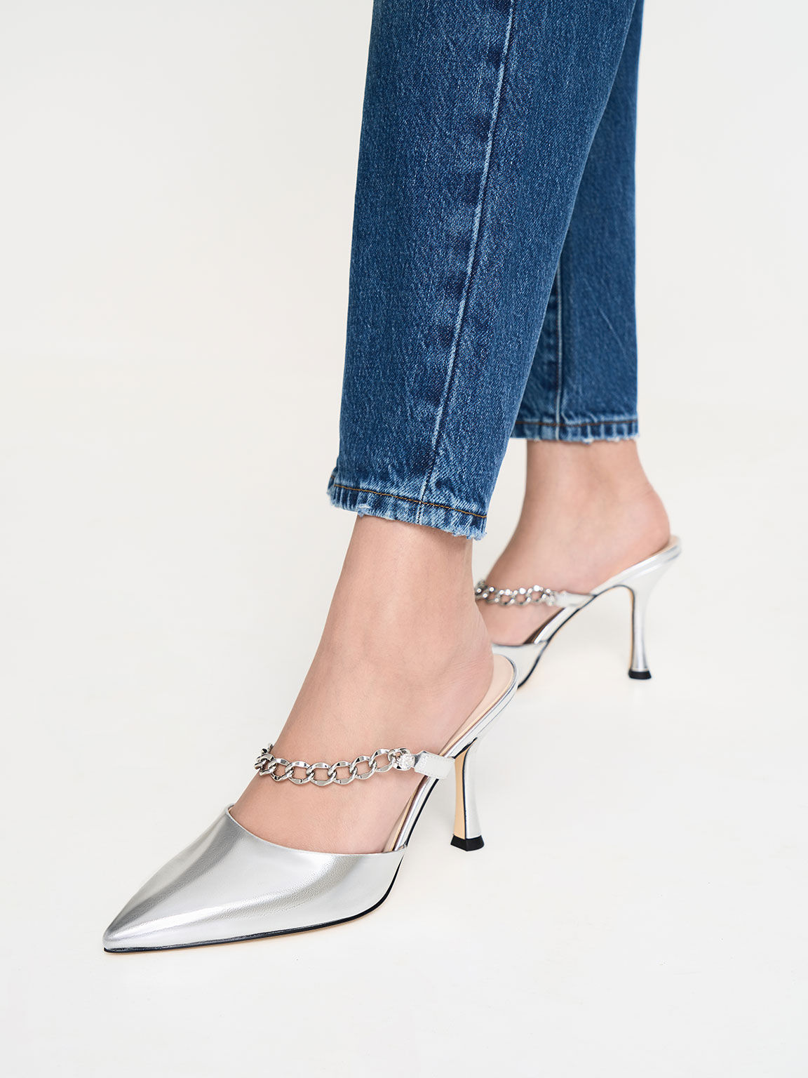 Chain-Link Strap Heeled Mules, Silver, hi-res