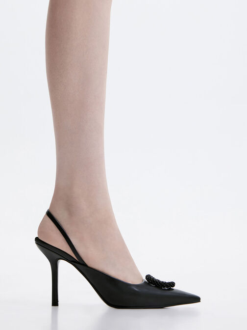 Beaded Circle Slingback Pumps, Black, hi-res