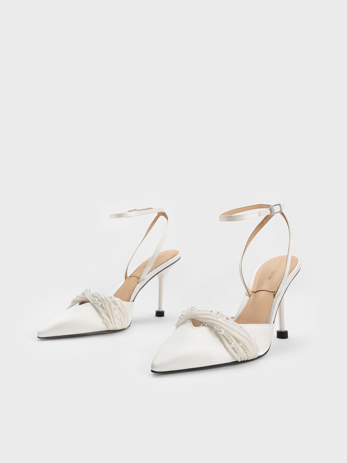 Beaded Satin Ankle-Strap Pumps, White, hi-res