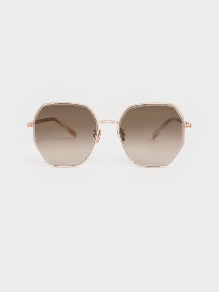 نظارة شمسية بتصميم باترفلاي مفرغ مع ذراع مزين بجدائل, كريم, hi-res