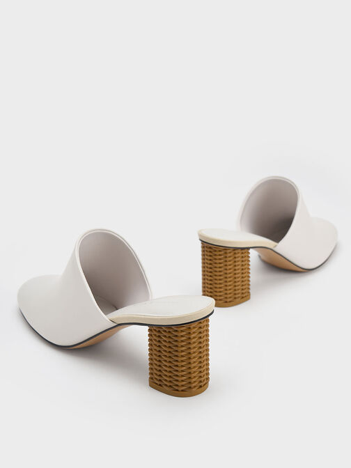 Rattan Block Heel Mules, White, hi-res