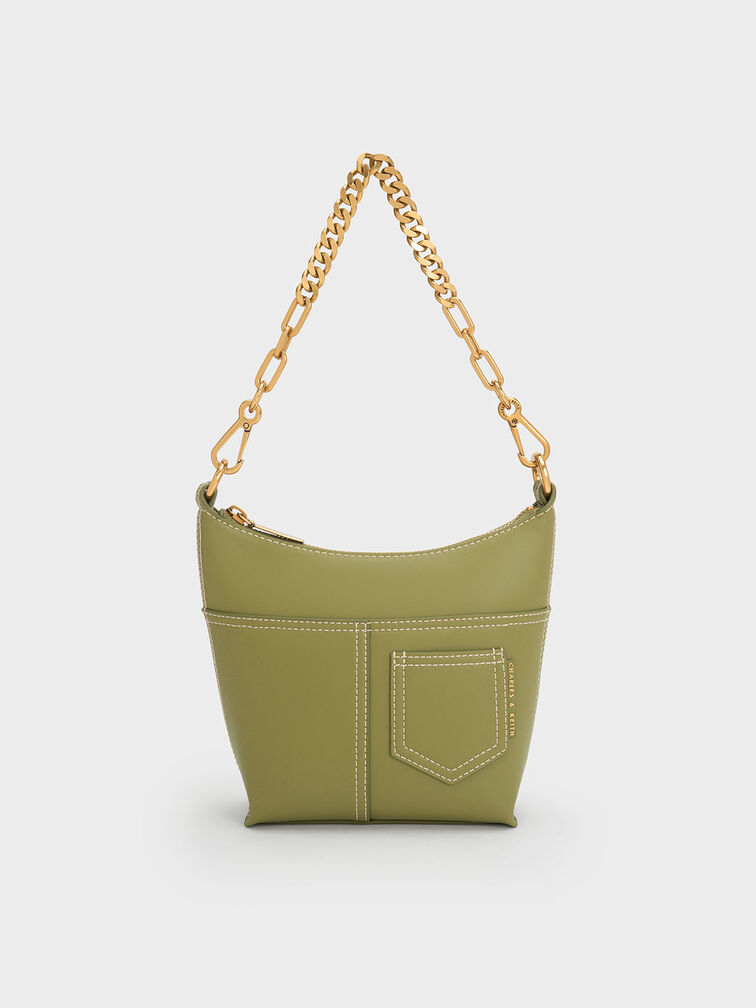 Anthea Contrast-Trim Shoulder Bag, Olive, hi-res