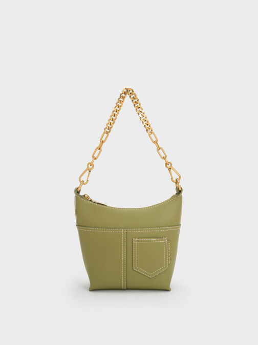 Anthea Contrast-Trim Shoulder Bag, Olive, hi-res