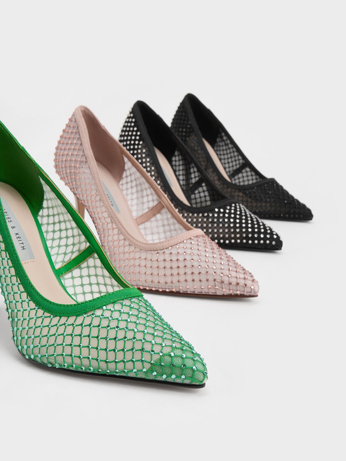 Nude Gem-Encrusted Mesh Heeled Pumps - CHARLES & KEITH SA