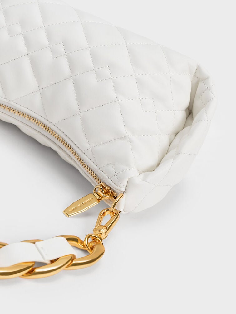 Nezu Chain Handle Quilted Hobo Bag, White, hi-res