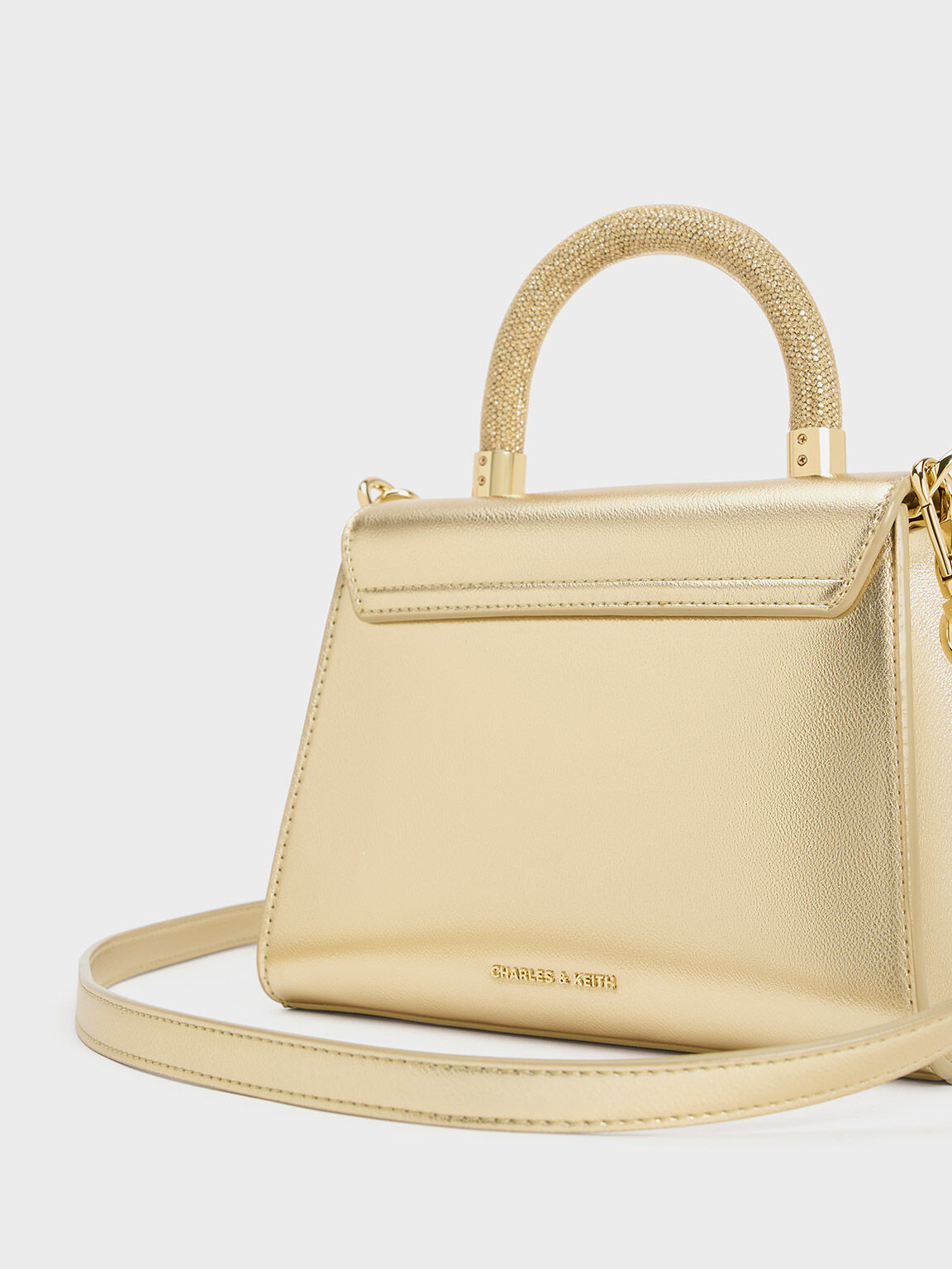 Gold Trapeze Crystal Embellished Top Handle Bag CHARLES KEITH SA