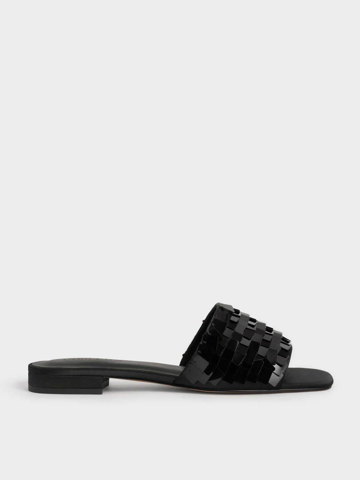 Sequinned Satin Slide Sandals, Black, hi-res