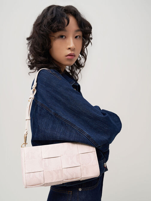 Snake-Print Woven Chain-Handle Bag, Chalk, hi-res