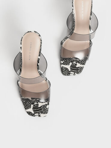 Snake-Print See-Through Heeled Mules, Animal Print Black, hi-res