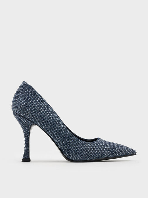 Denim Pointed-Toe Spool-Heel Pumps, Denim Blue Denim Pointed-Toe Spool-Heel Pumps, Denim Blue, hi-res