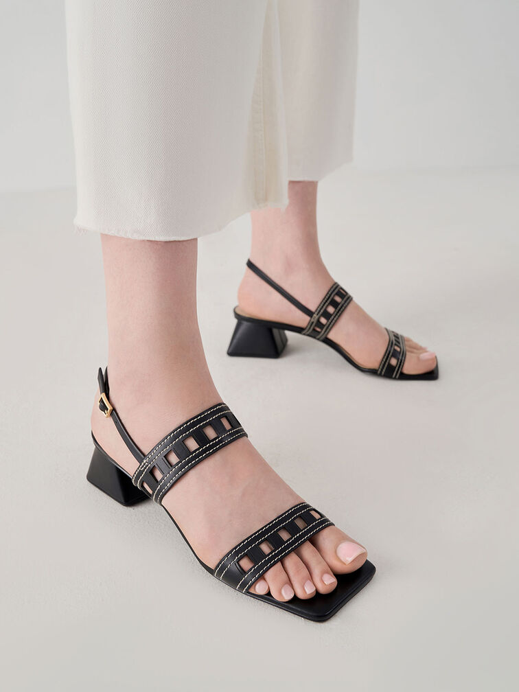 Cut-Out Heeled Slingback Sandals, Black, hi-res