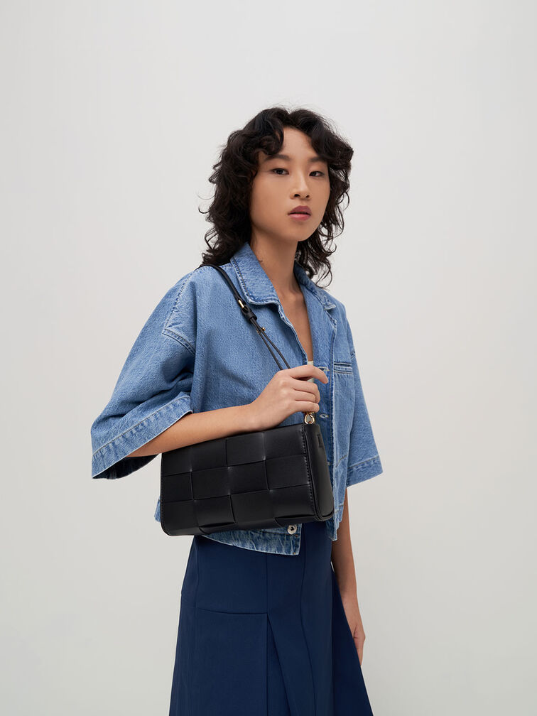 Woven Chain-Handle Bag, Black, hi-res