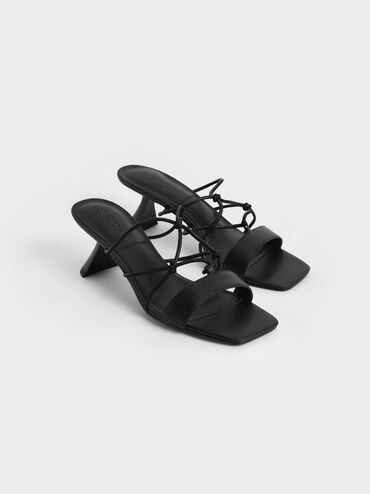 Strappy Leather Sculptural Heel Sandals, Black, hi-res