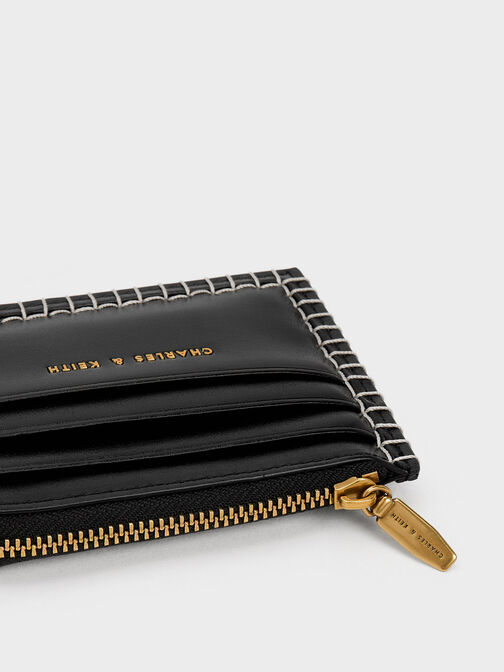Circe Stitch-Trim Zip Around Card Holder, Black, hi-res