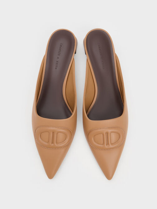 Oval Stitch-Trim Pointed-Toe Mules, Camel, hi-res