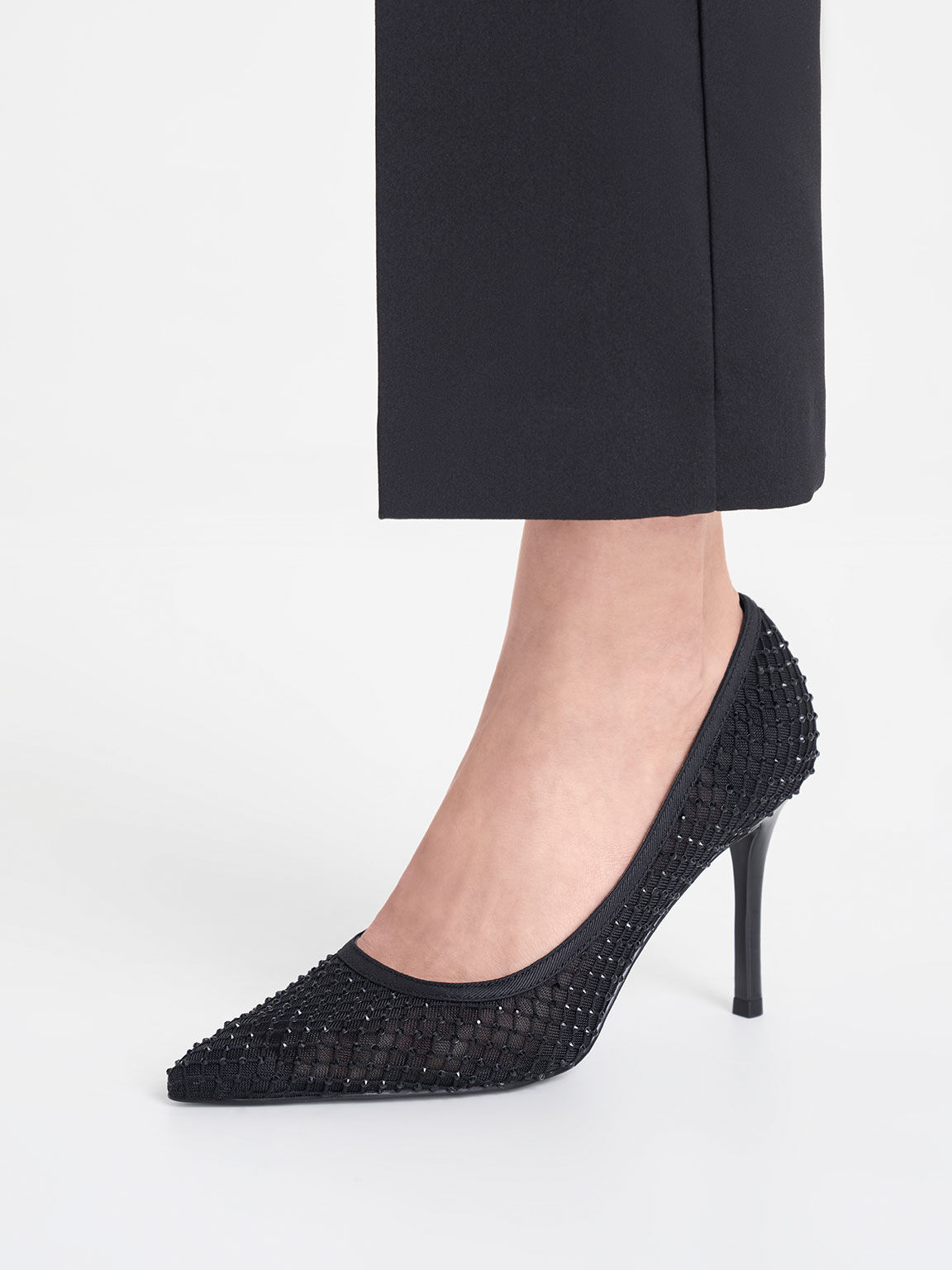 Gem-Encrusted Mesh Heeled Pumps, Black, hi-res