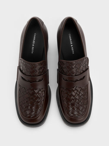 Woven-Detail Penny Loafer Block-Heel Pumps, Dark Brown, hi-res