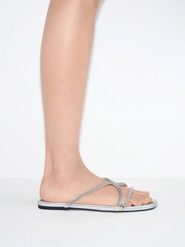 Metallic Braided Strappy Sandals, Silver, hi-res