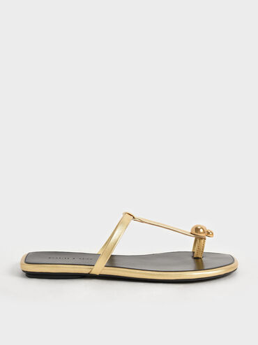 Embellished Toe-Ring Metallic Flat Sandals, Gold, hi-res