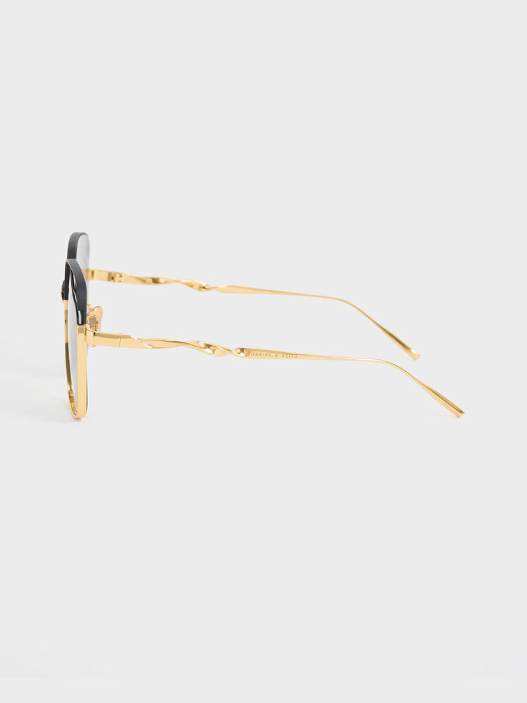 Wavy Wire-Frame Square Sunglasses, Black, hi-res