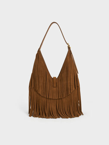 Cesia Recycled Suede Fringed Hobo Bag, Sienna Brown, hi-res
