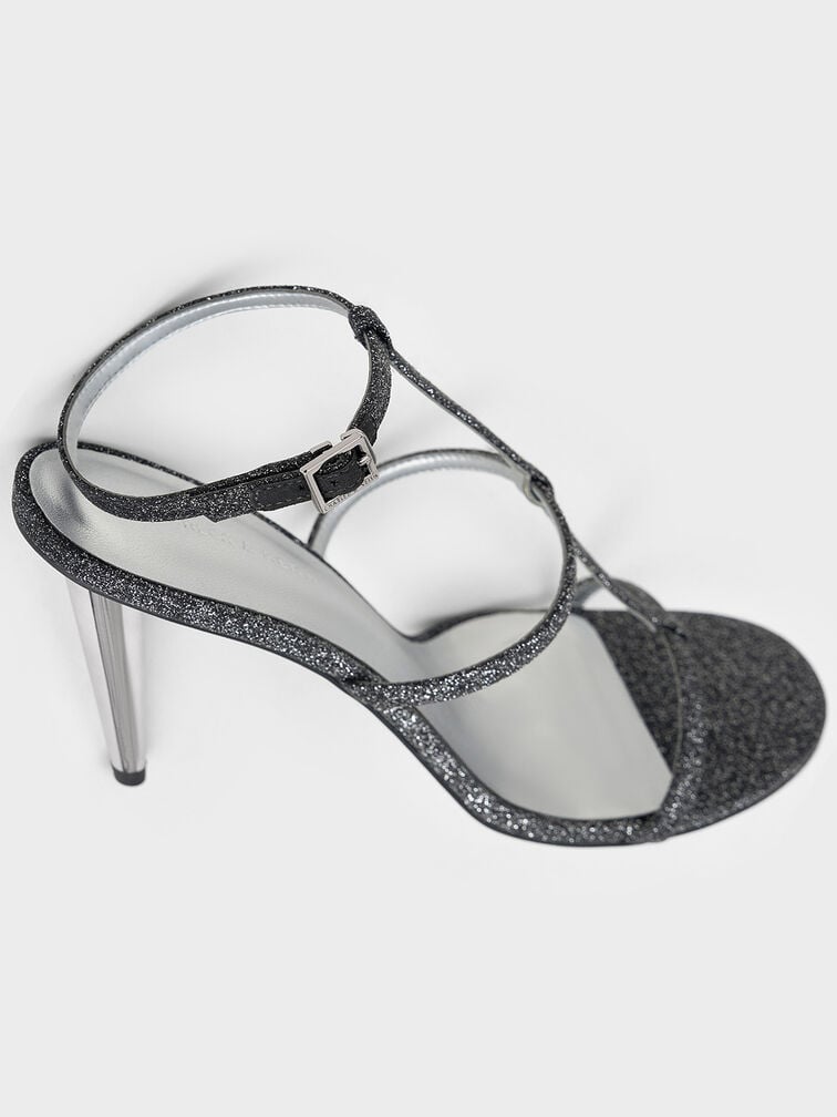 Glittered T-Bar Ankle-Strap Sandals, Black Textured, hi-res