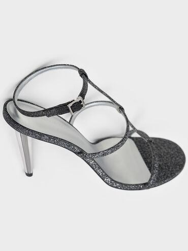 Glittered T-Bar Ankle-Strap Sandals, Black Textured, hi-res