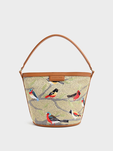 حقيبة يد على شكل دلو من قماش الجاكار مع طبعة طيور, متعدد, hi-res