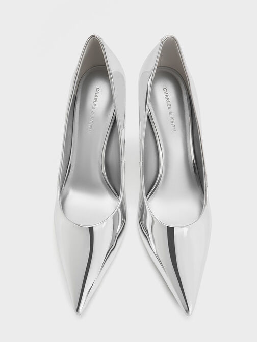 Metallic Cone-Heel Pointed-Toe Pumps, Silver, hi-res
