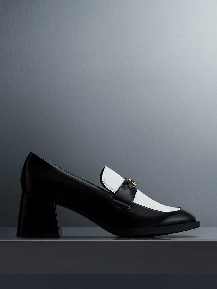 Two-Tone Metallic Accent Block Heel Loafer Pumps, Multi, hi-res