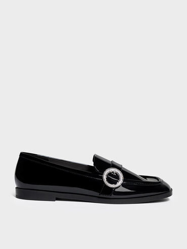 Patent Crystal-Embellished Buckle Loafers, Black Patent, hi-res