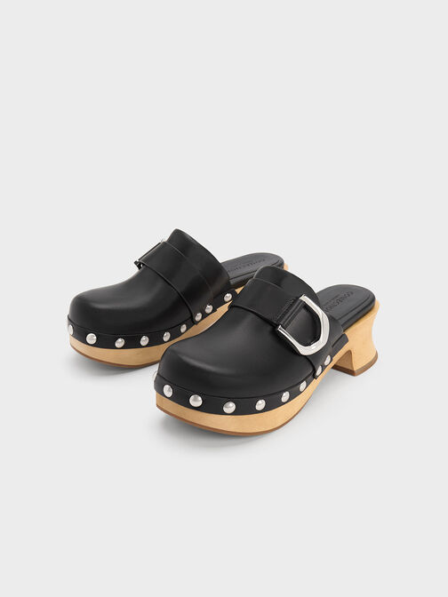 Gabine Studded Leather Clogs, Black, hi-res