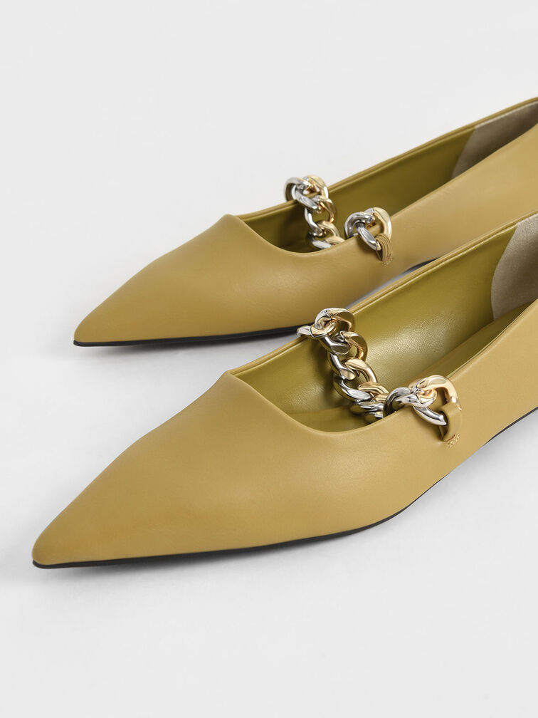 Chunky Chain-Link Mary Jane Flats, Olive, hi-res