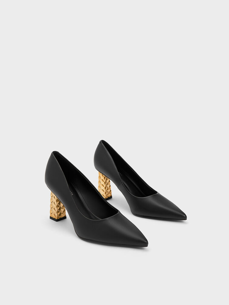 Quilted Heel Pointed-Toe Pumps, Black, hi-res