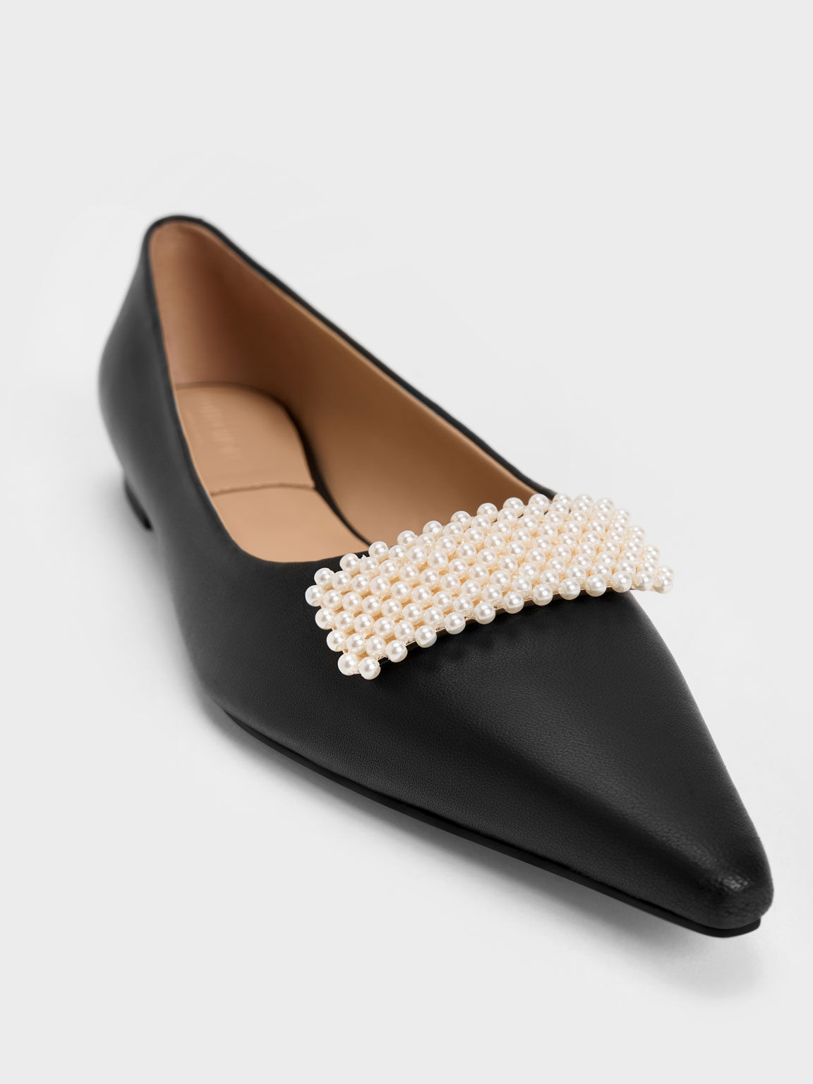 Leather Pointed-Toe Beaded Ballerinas, Black, hi-res