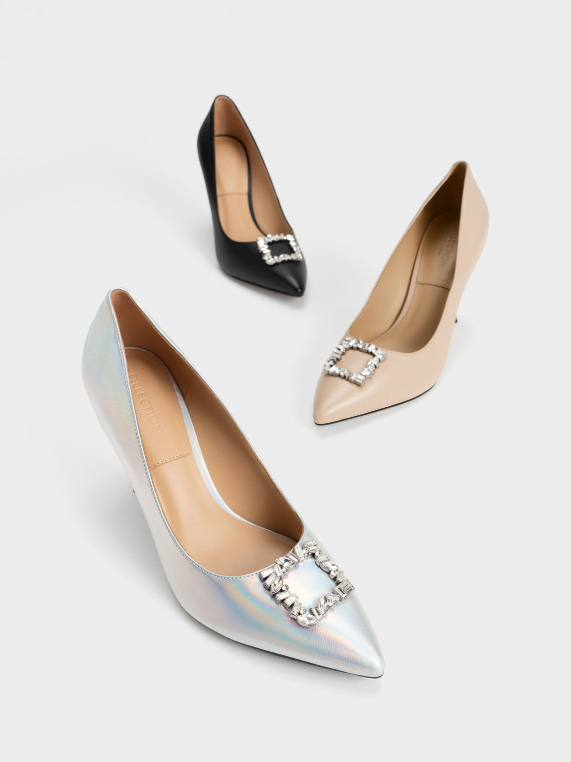 Leather Gem-Embellished Pumps, Nude, hi-res