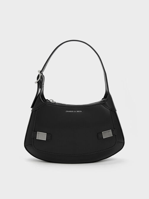 Metallic-Accent Curved Shoulder Bag, Black, hi-res
