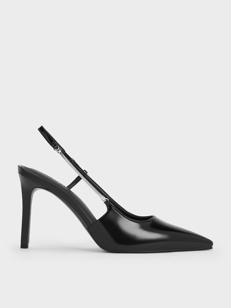 Chain-Strap Pointed-Toe Slingback Pumps, Black Boxed, hi-res