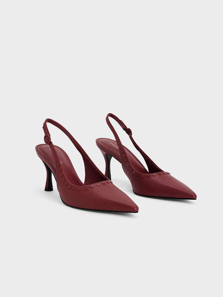 Studded Pointed-Toe Slingback Pumps, Burgundy, hi-res