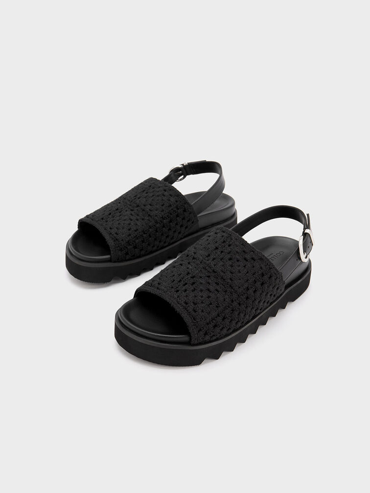 Crochet & Leather Slingback Sandals, Black, hi-res