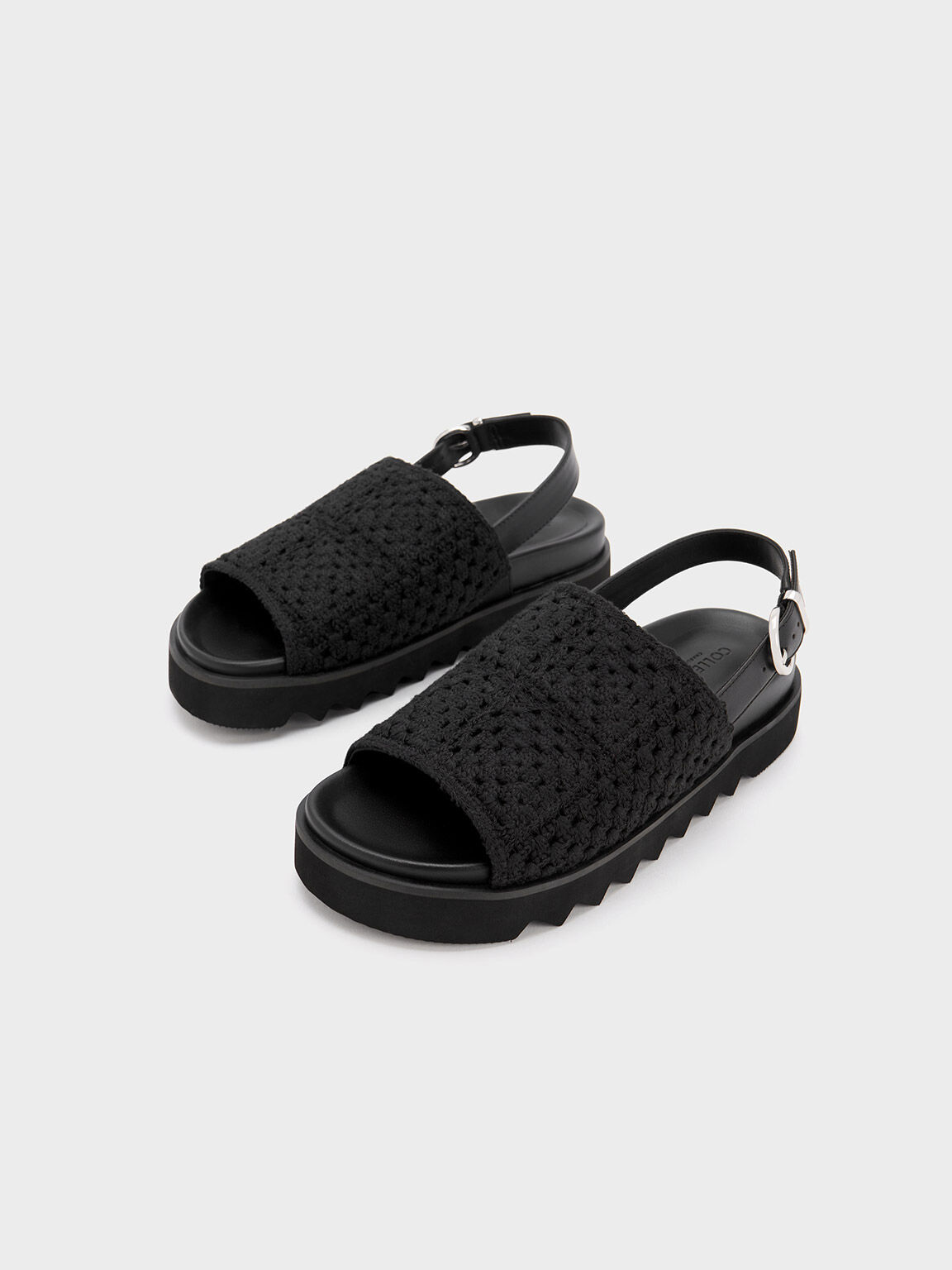 Crochet & Leather Slingback Sandals, Black, hi-res