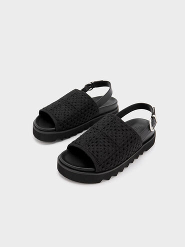Crochet & Leather Slingback Sandals, Black, hi-res