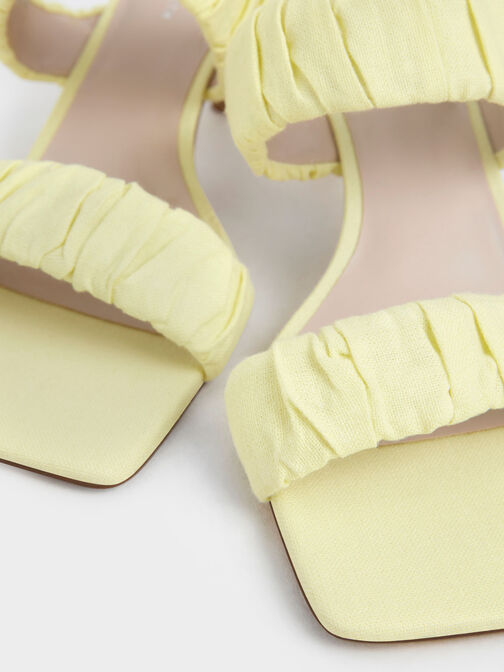 Linen Ruched Heeled Mules, Yellow, hi-res