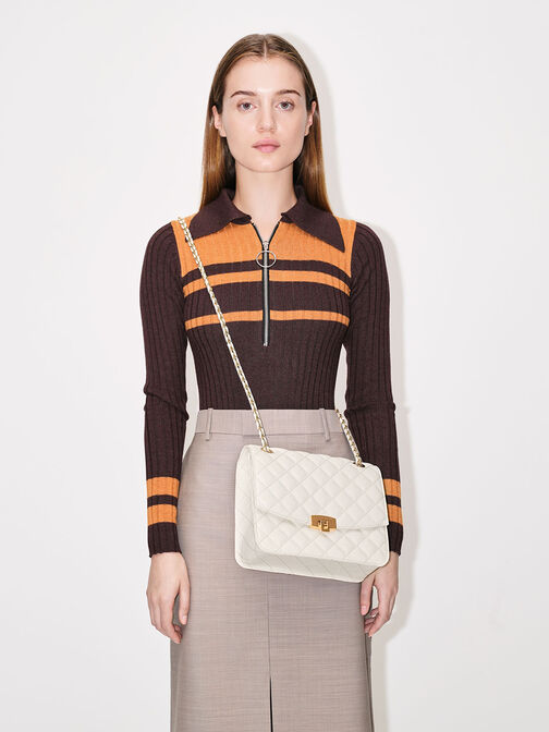 Quilted Chain Strap Clutch, Cream, hi-res