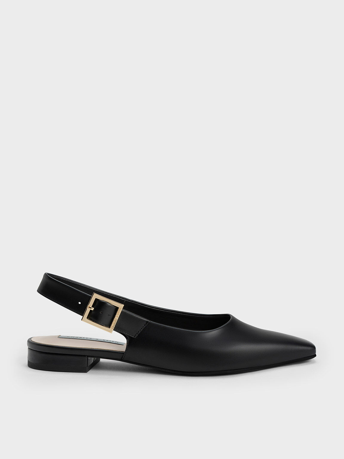 Tapered Square-Toe Slingback Flats, Black, hi-res