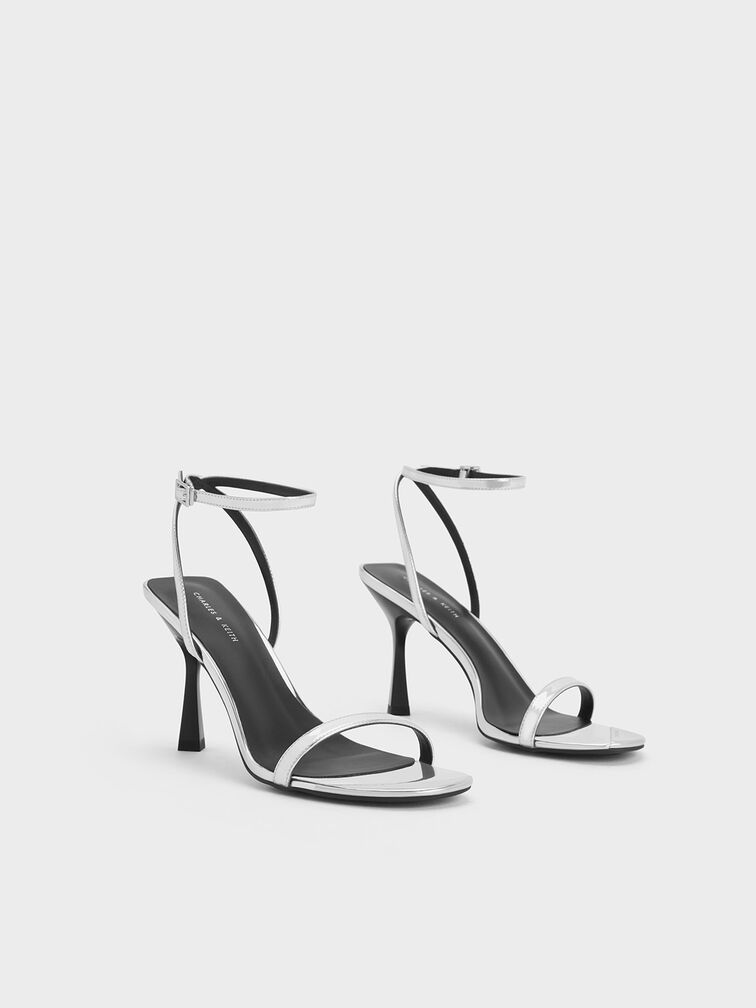 Metallic Cap Ankle-Strap Heeled Sandals, Silver, hi-res