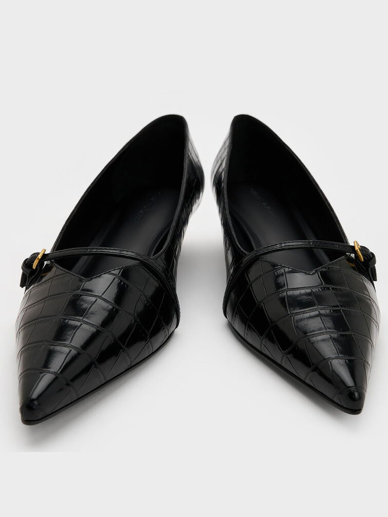 Croc-Effect Buckled Pointed-Toe Kitten-Heel Pumps, Animal Print Black, hi-res