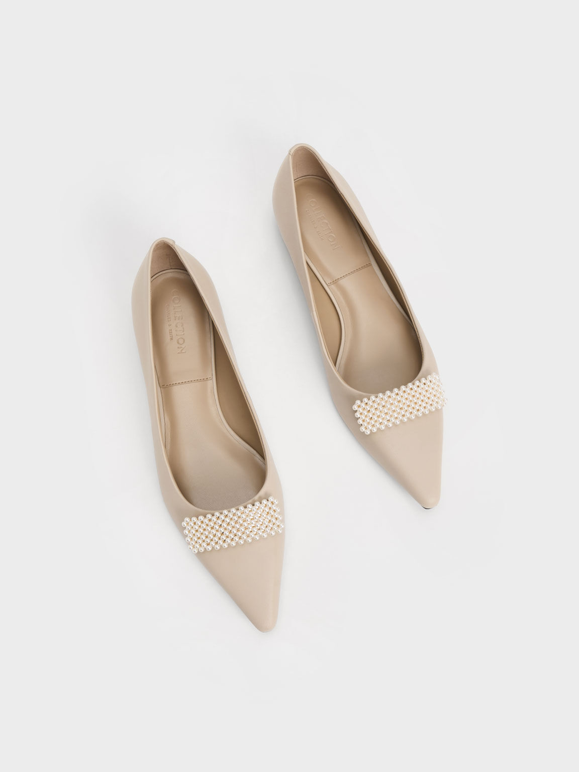 Leather Pointed-Toe Beaded Ballerinas, Beige, hi-res