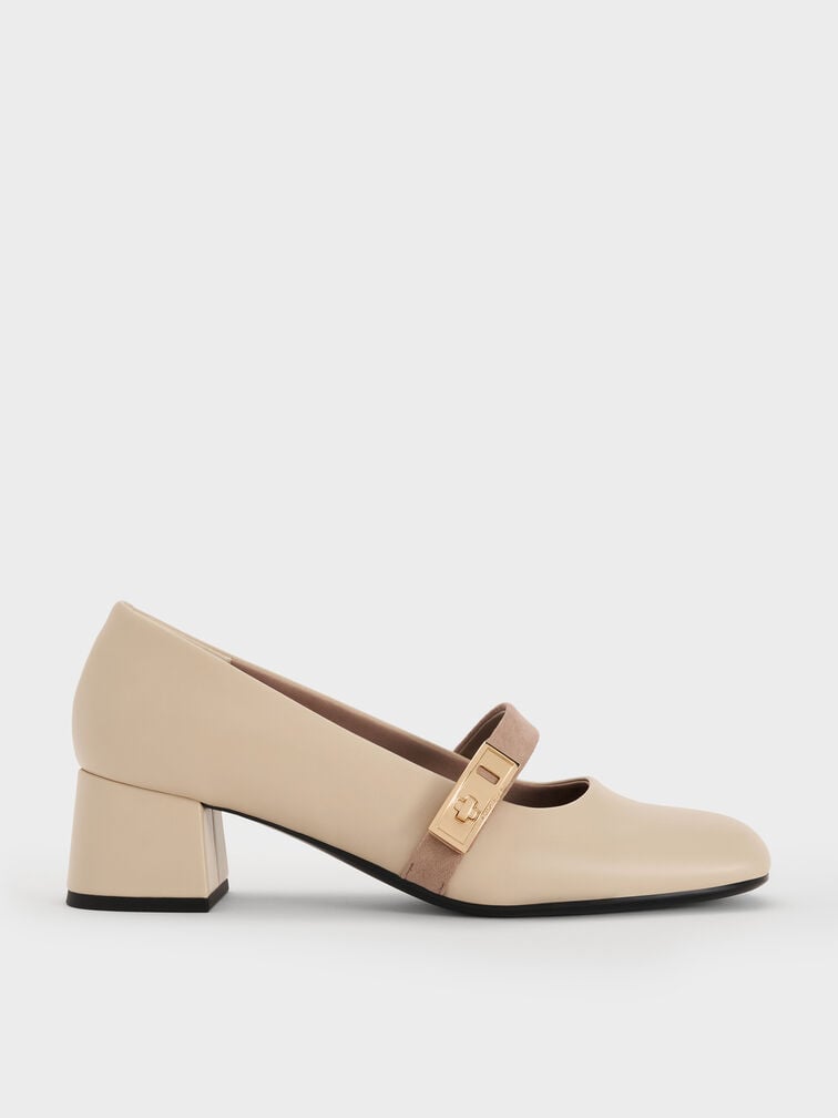 Lando Two-Tone Metallic-Buckle Mary Jane Pumps, Chalk, hi-res
